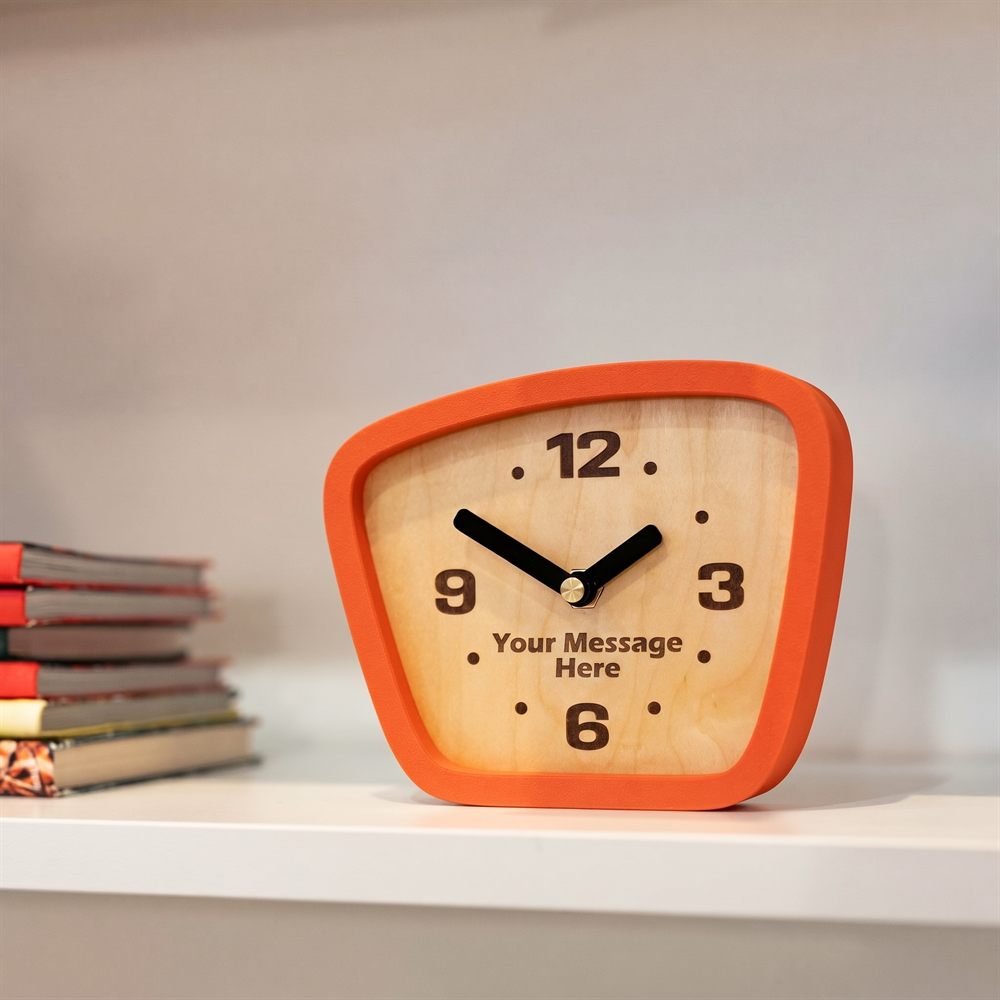 MCM Clock — mid-century-modern engraved desk clock